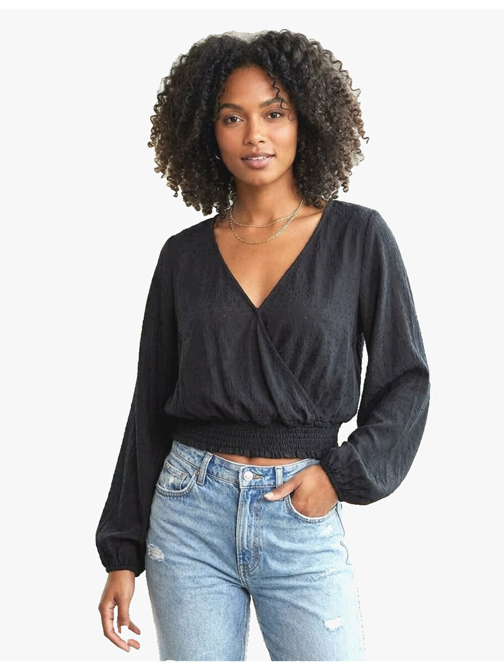 Leith Women’s L/XL Black Textured V-Neck Puff Sleeve Cropped Blouse Top